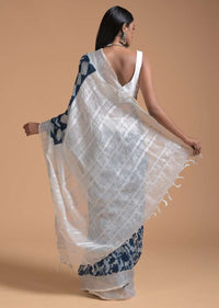 White And Blue Saree In Linen With Batik Printed Floral Jaal Online - Kalki Fashion