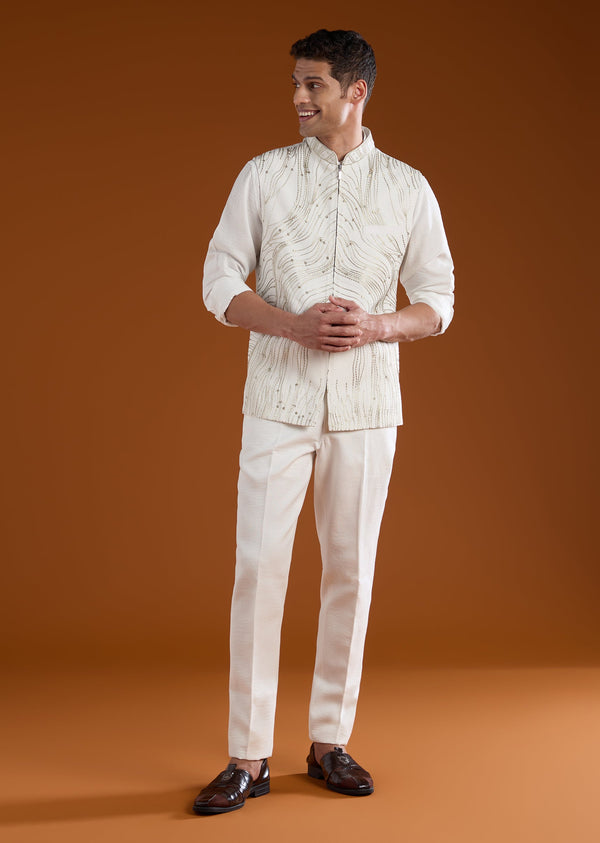 White Viscose Jacket and Kurta Set