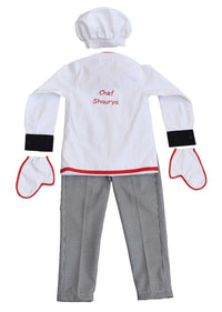 White Chef Suit In Cotton With Red Piping And Grey Checks Trousers By Fayon Kids