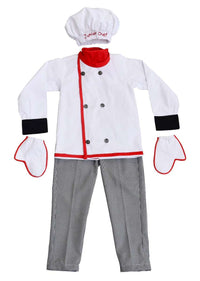 White Chef Suit In Cotton With Red Piping And Grey Checks Trousers By Fayon Kids