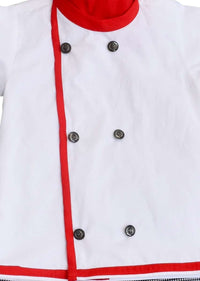 White Chef Suit In Cotton With Red Piping And Grey Checks Trousers By Fayon Kids