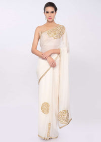 White chiffon saree with cut dana embroidery and butti only on Kalki