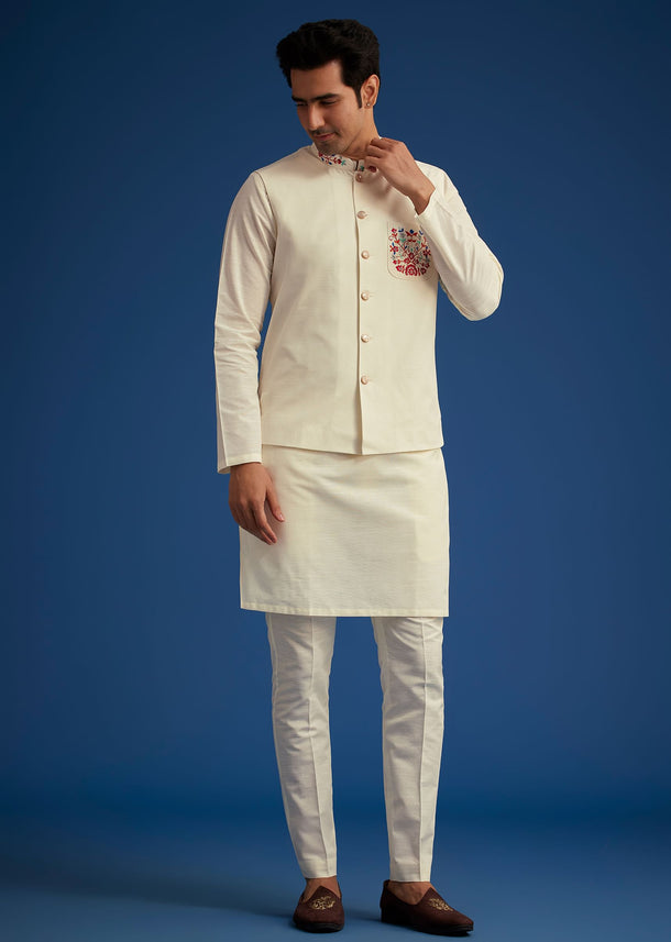 White Cotton Kurta Set With Embroidered Pocket And Collar