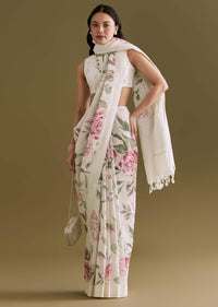 White Cotton Linen Saree With Pink Rose Prints