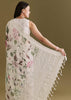 White Cotton Linen Saree With Pink Rose Prints