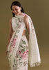 White Cotton Linen Saree With Pink Rose Prints