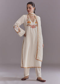 White Crepe Kurta Set With Multicolour Resham Work