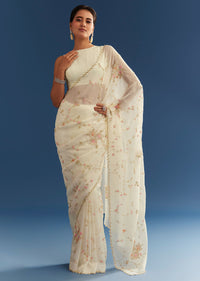 White Crushed Tissue Floral Embroidered Saree