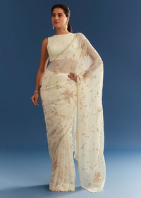 White Crushed Tissue Floral Embroidered Saree