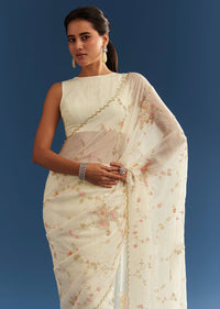 White Crushed Tissue Floral Embroidered Saree