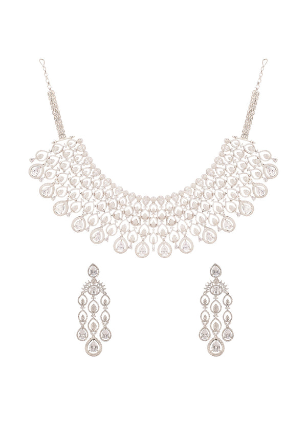 White Cz Diamond Long Necklace Set In Rhodium Plated Brass with Anti Tarnish Finish