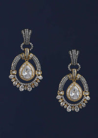 White Drop Shaped Stone And Studded Earrings In Oval Motif With Bugle Beads Online - Kalki Fashion Online - Kalki Fashion