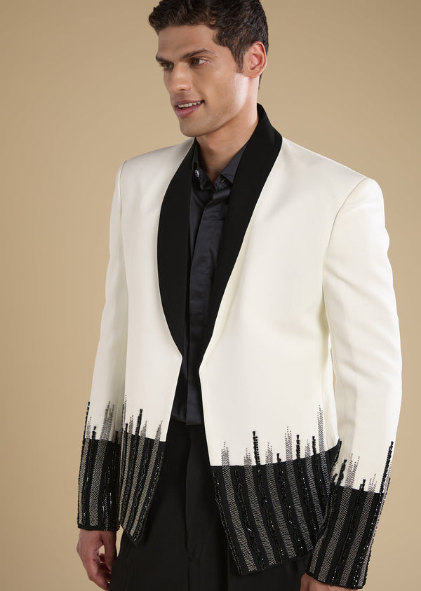 White Embellished Tuxedo Set With Shirt And Trousers
