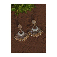 White Ethnic Earrings With Carved Floral Design Along With Crystals And Dangling Pearls Online - Kalki Fashion