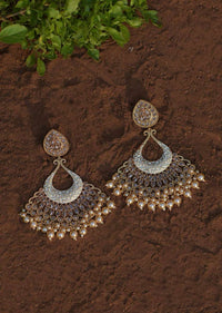 White Ethnic Earrings With Carved Floral Design Along With Crystals And Dangling Pearls Online - Kalki Fashion