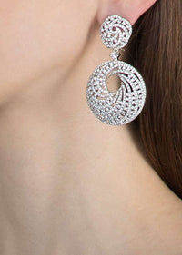 White Finish Long Earrings In A Modern Geometric Design With Faux Diamonds By Aster