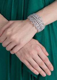 White Finish Openable Kada Bracelet Studded With Faux Diamonds In Petal Design By Aster