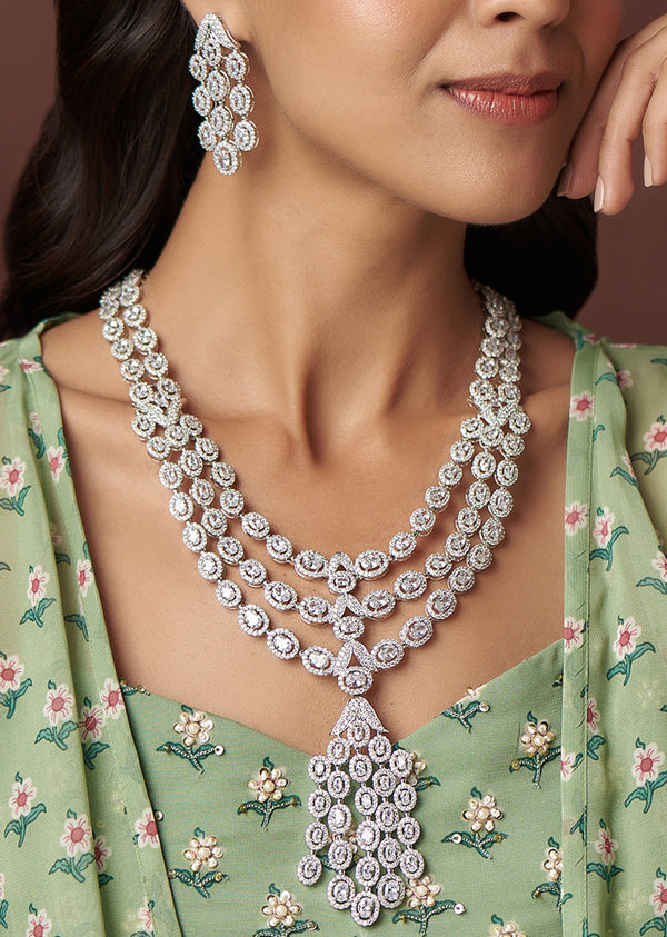 White Finish Crystal Zircon Long Necklace Set