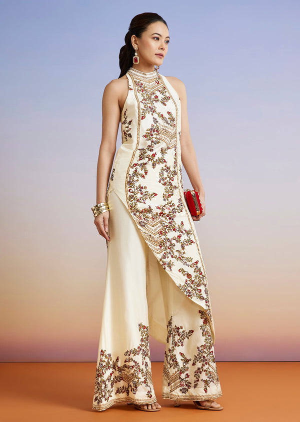 White Floral Printed Silk Blend Co-ord Set
