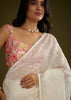 White Glass Tissue Embroidered Saree With Contrast Blouse