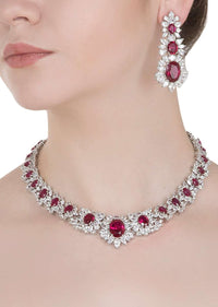 White Gold Finished Necklace And Earrings Set With Faux Ruby And Zircon Stones By Aster