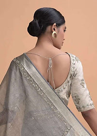 White Grey Blouse In Silk With Gotta Patti And Zardosi Embroidered Floral Buttis Online - Kalki Fashion