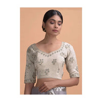 White Grey Blouse In Silk With Gotta Patti And Zardosi Embroidered Floral Buttis Online - Kalki Fashion