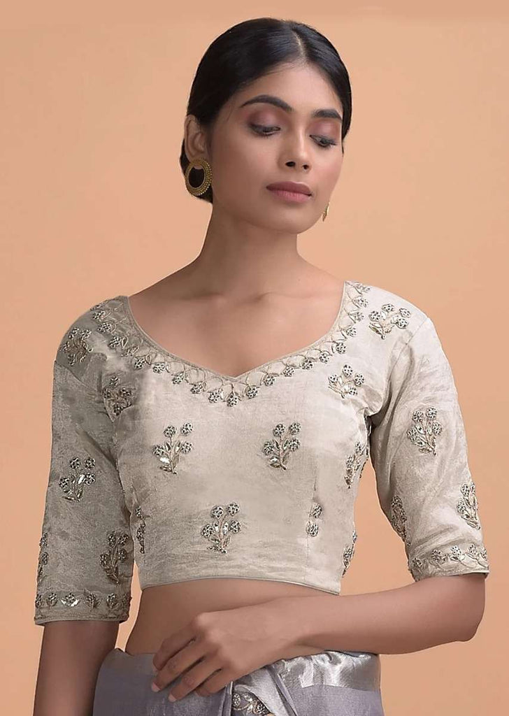 White Grey Blouse In Silk With Gotta Patti And Zardosi Embroidered Floral Buttis Online - Kalki Fashion