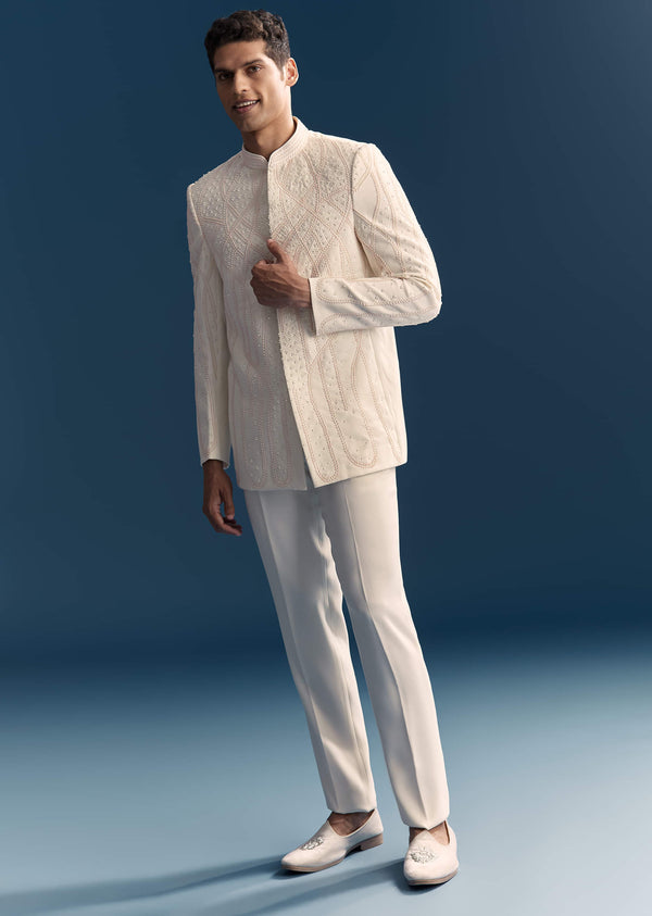 White Jodhpuri Suit For Men With Moti Work