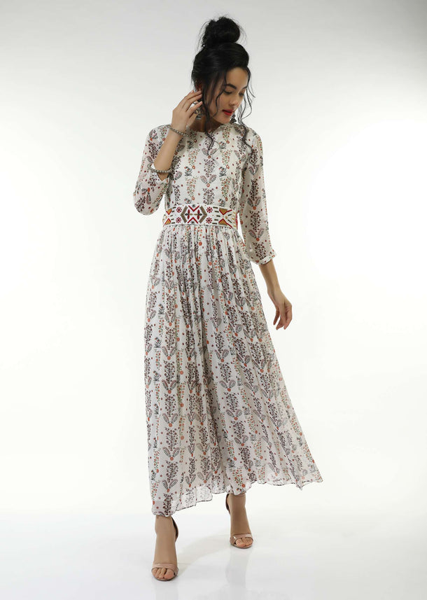 White Jumpsuit In Georgette Crepe With Floral Print And A Thread Embroidered Belt At The Waist