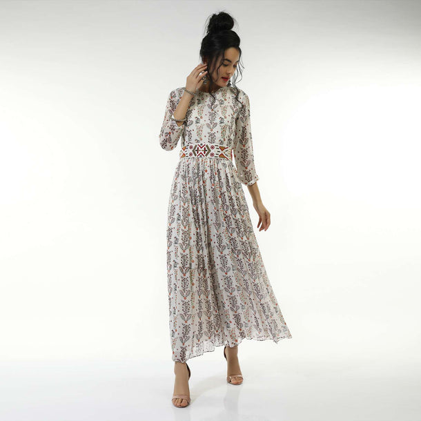 White Jumpsuit In Georgette Crepe With Floral Print And A Thread Embroidered Belt At The Waist