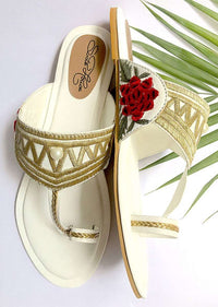 White Kolhapuri Flats With Traditional Zari Work In Zigzag Design And Accents Of Red Velvet Rose Patchwork Online By Sole House