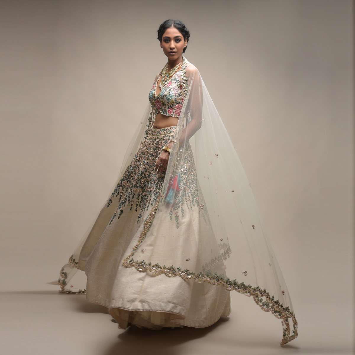 White Lehenga Choli In Raw Silk With Resham And Floral Sequins Embroidered Petals