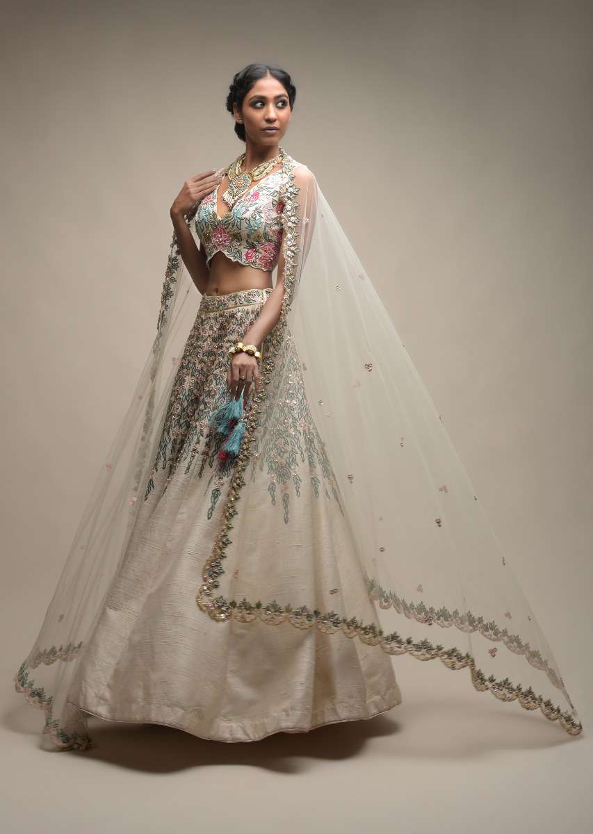 White Lehenga Choli In Raw Silk With Resham And Floral Sequins Embroidered Petals