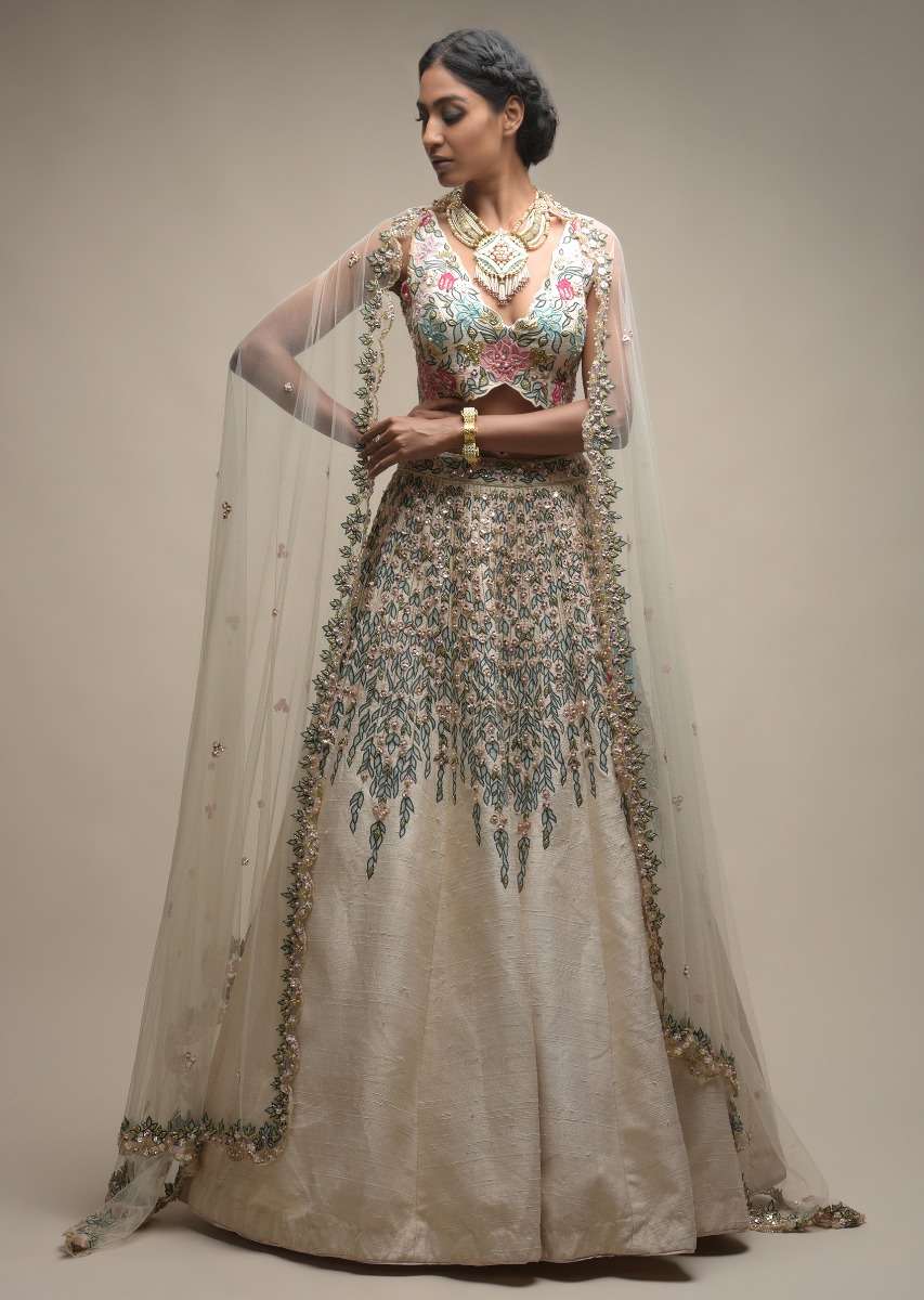 White Lehenga Choli In Raw Silk With Resham And Floral Sequins Embroidered Petals