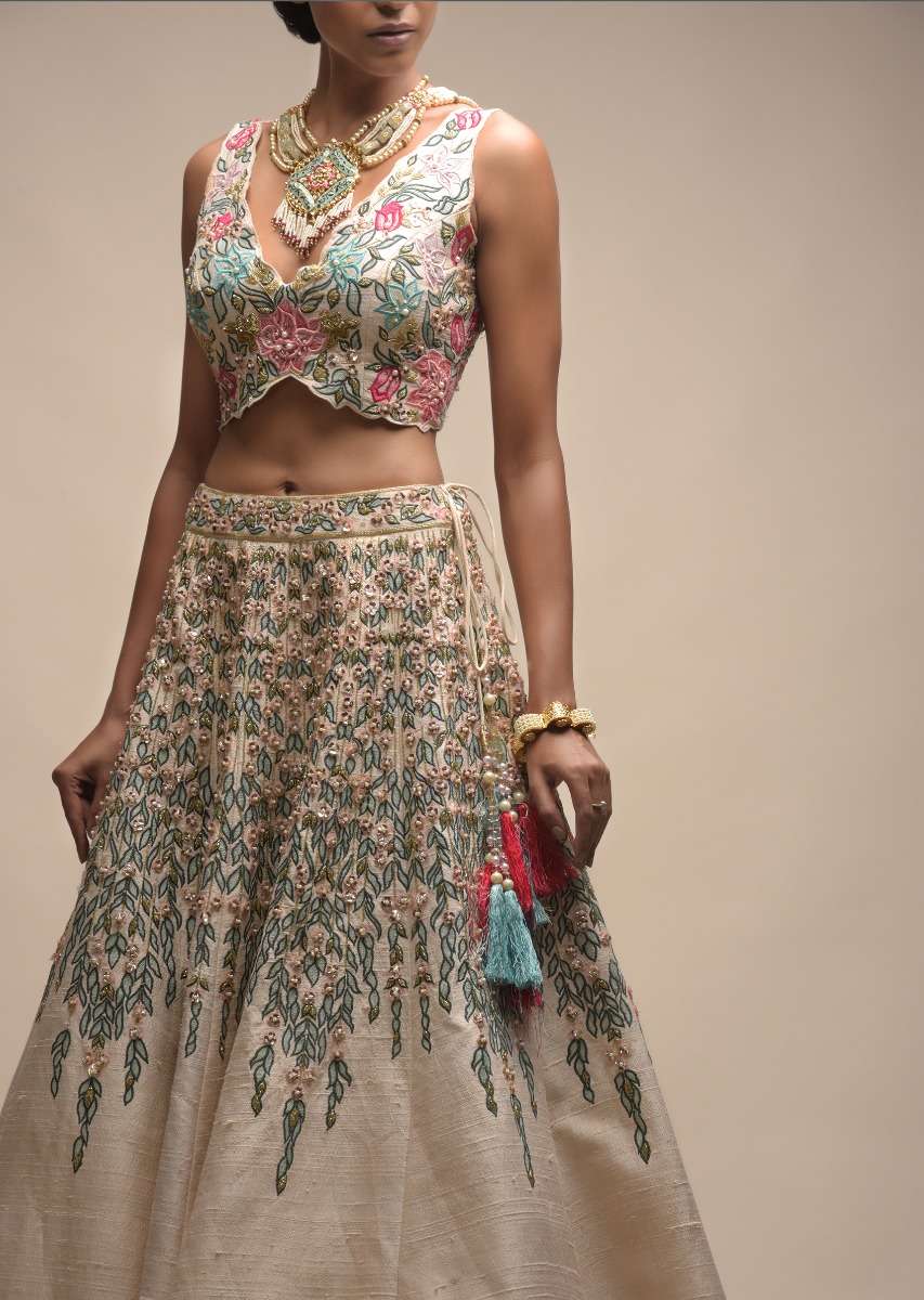 White Lehenga Choli In Raw Silk With Resham And Floral Sequins Embroidered Petals