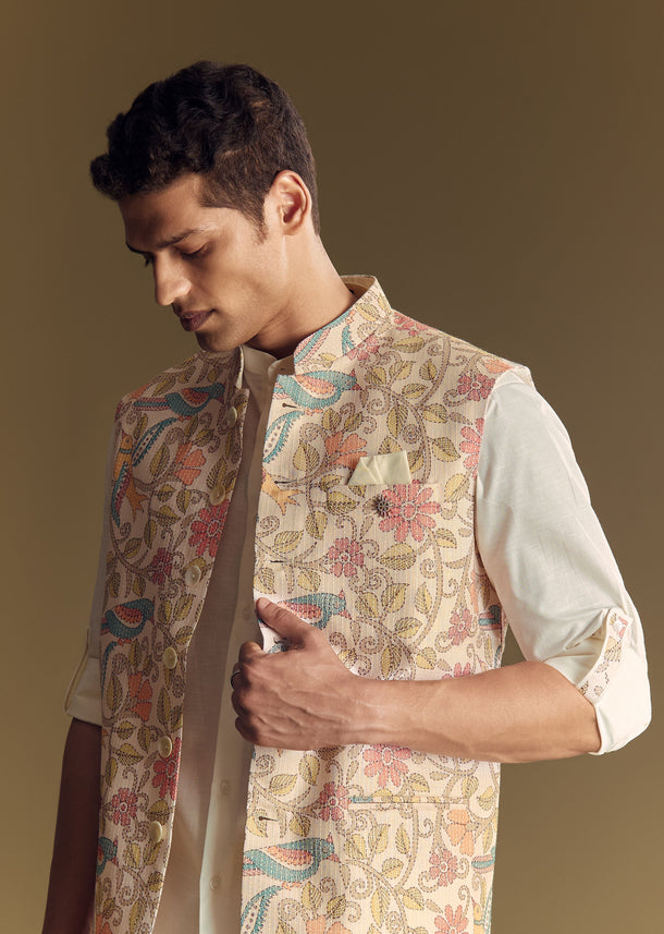 White Linen Jacket Kurta Set Accentuated With Kantha Embroidery