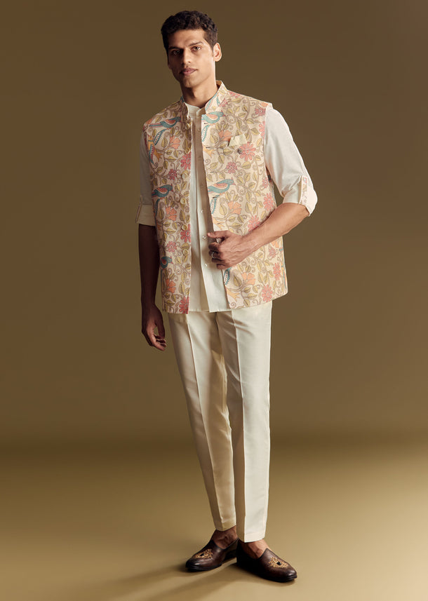 White Linen Jacket Kurta Set Accentuated With Kantha Embroidery