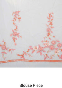 White Net Saree with 3D Flowers, Sequins, Pearls and Cut Dana Details only on Kalki