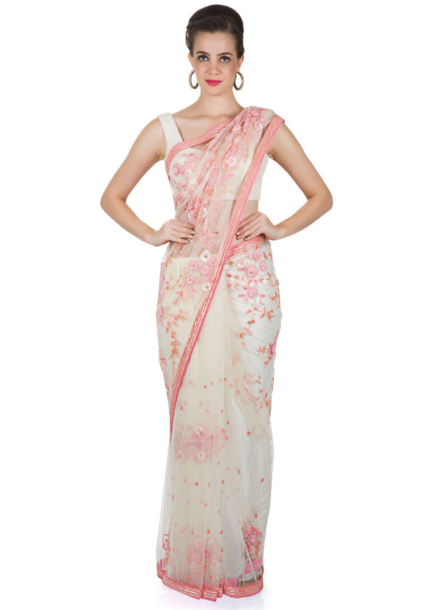 White Net Saree with 3D Flowers, Sequins, Pearls and Cut Dana Details only on Kalki