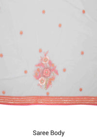 White Net Saree with 3D Flowers, Sequins, Pearls and Cut Dana Details only on Kalki