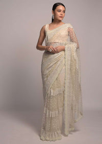 Pearl white Net Saree With Resham And Kundan Embroidered Floral Motifs In Striped And Scattered Design Online - Kalki Fashion