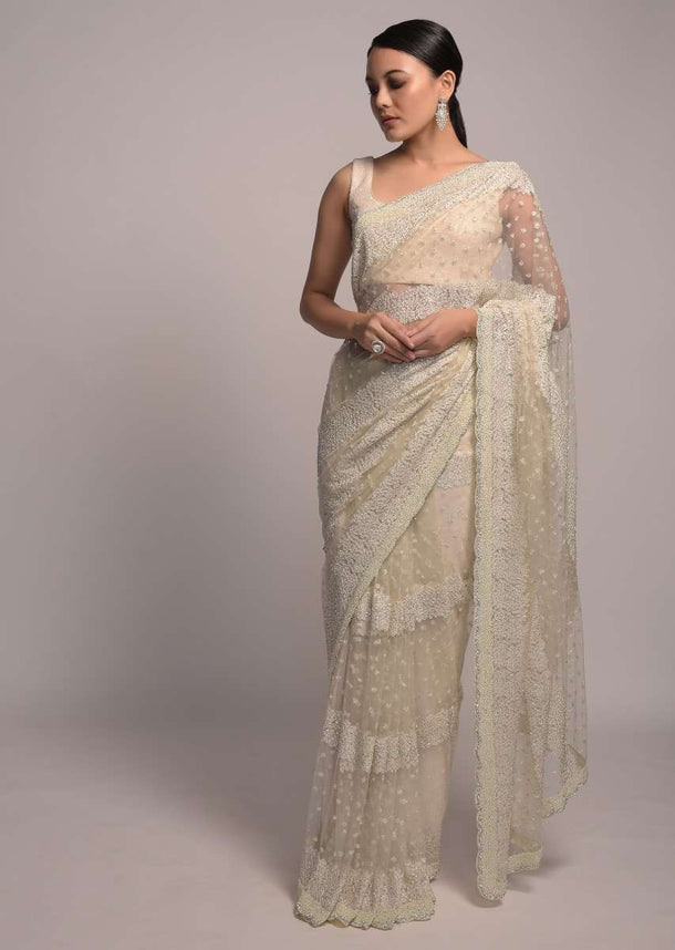 Pearl white Net Saree With Resham And Kundan Embroidered Floral Motifs In Striped And Scattered Design Online - Kalki Fashion