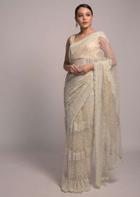 Pearl white Net Saree With Resham And Kundan Embroidered Floral Motifs In Striped And Scattered Design Online - Kalki Fashion