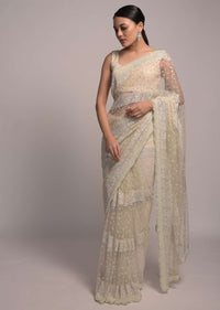 Pearl white Net Saree With Resham And Kundan Embroidered Floral Motifs In Striped And Scattered Design Online - Kalki Fashion