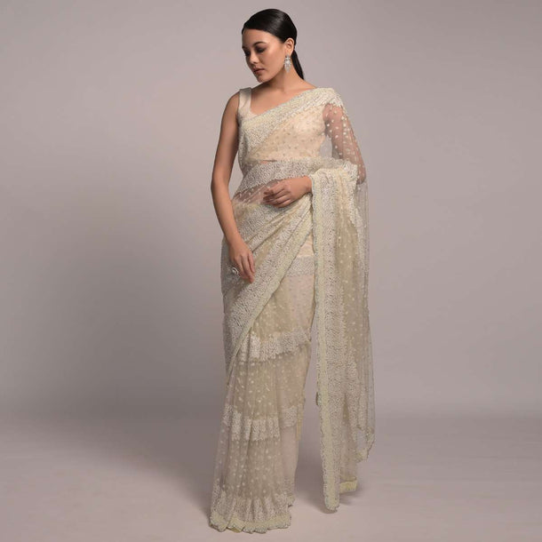 Pearl white Net Saree With Resham And Kundan Embroidered Floral Motifs In Striped And Scattered Design Online - Kalki Fashion