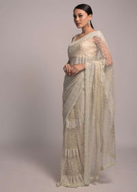 Pearl white Net Saree With Resham And Kundan Embroidered Floral Motifs In Striped And Scattered Design Online - Kalki Fashion