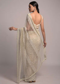 Pearl white Net Saree With Resham And Kundan Embroidered Floral Motifs In Striped And Scattered Design Online - Kalki Fashion