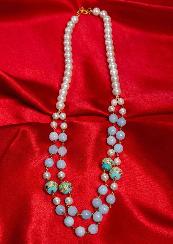 White Pearls And Sky Blue Beaded Double Layer Beaded Necklace Online - Kalki Fashion