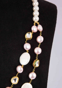 White Pearls, Kundan And Lilac Beaded Double Layer Fancy Necklace Online - Kalki Fashion
